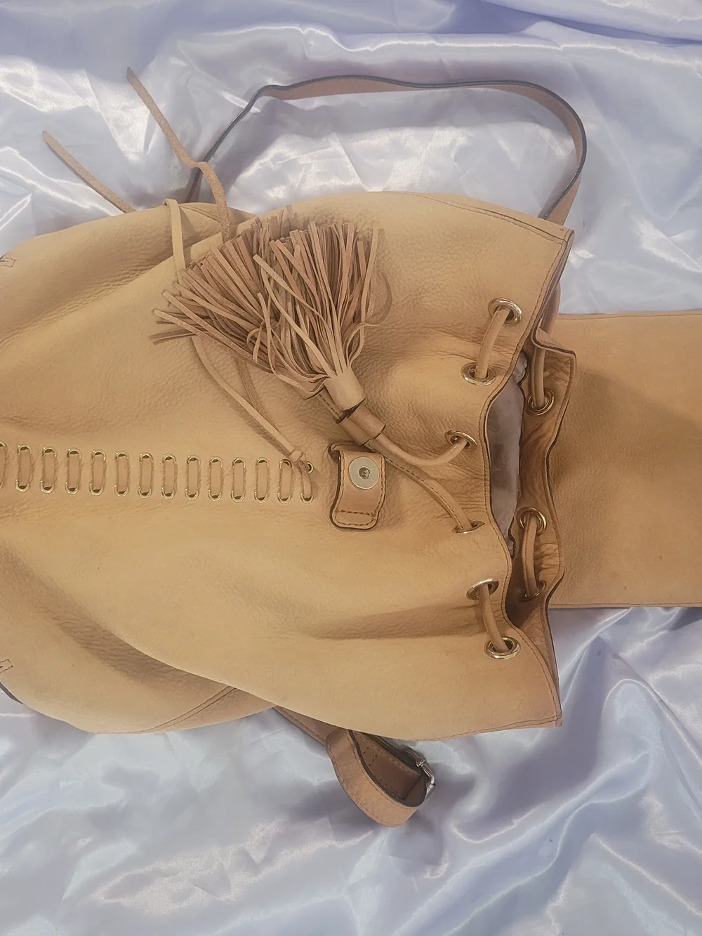 Rebecca Minkoff Tan Leather Drawstring Backpack with Tassel